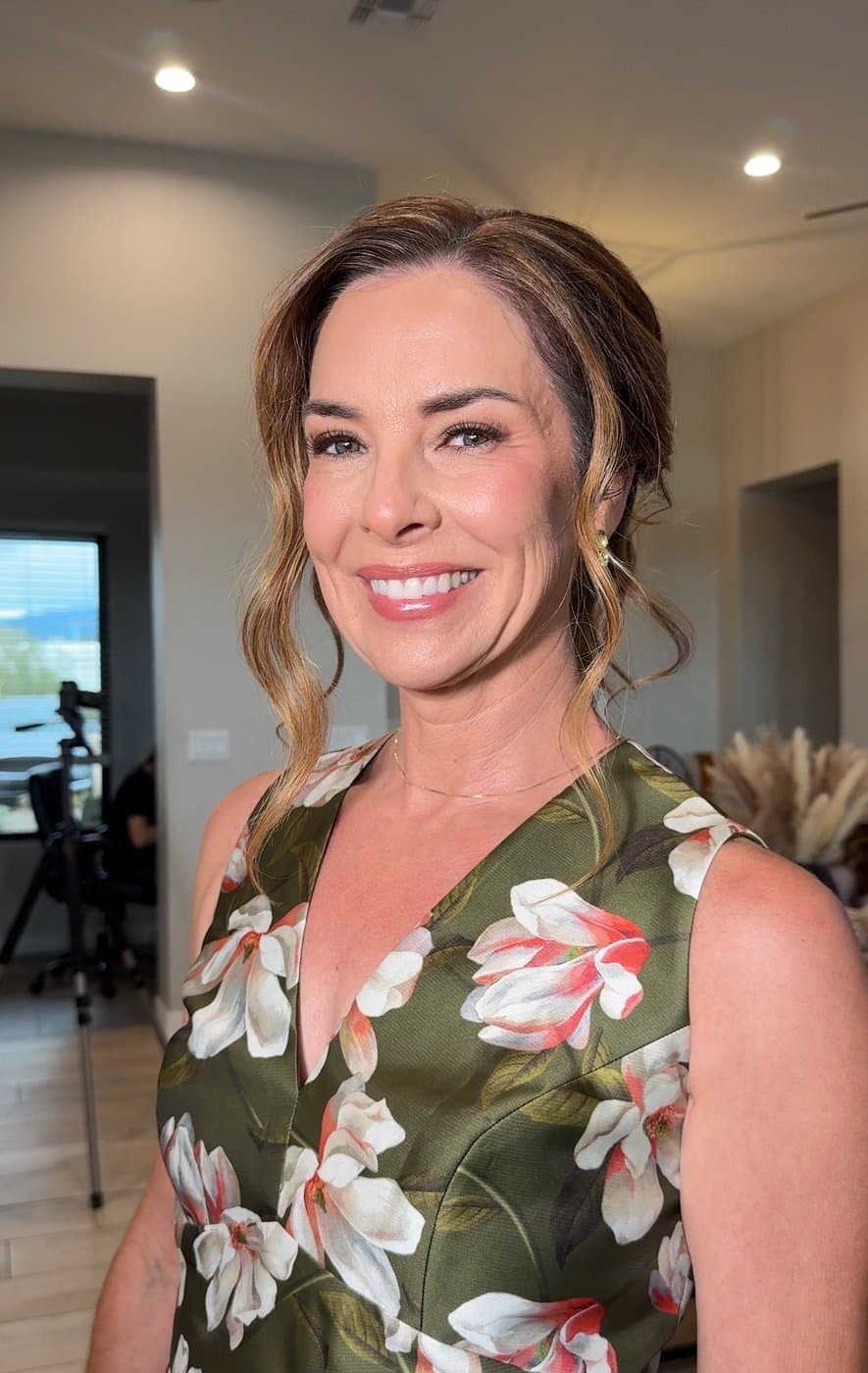 Mature client in floral dress with luminous natural glam — age-embracing beauty